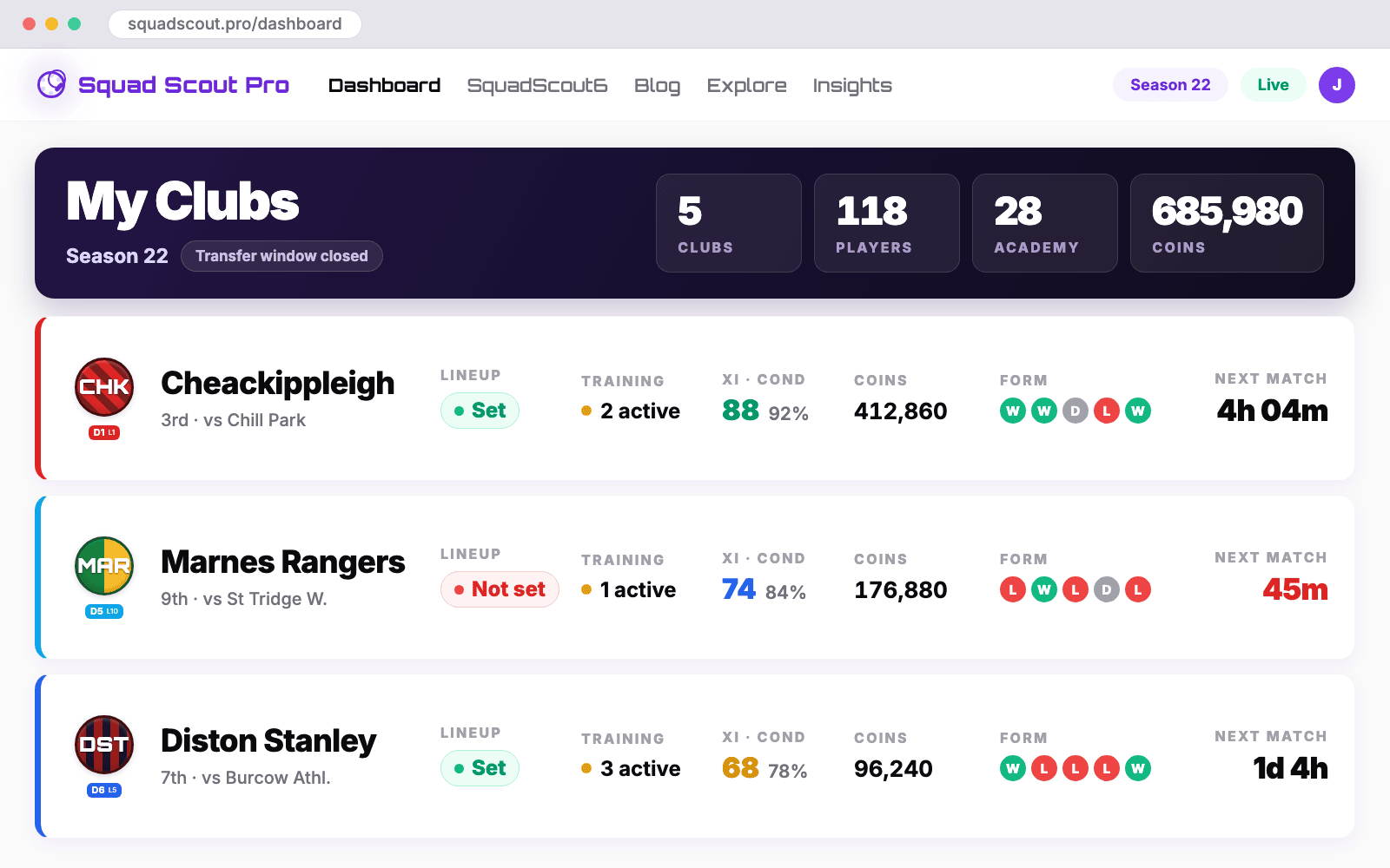 The Squad Scout Pro dashboard listing several Footium clubs with their lineup status, training, XI rating, coins, form and next match countdown